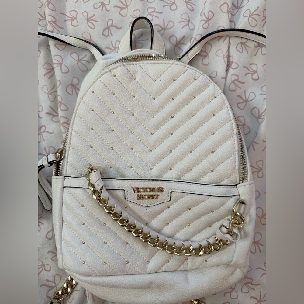 Victoria’s Secret White Quilted Mini Backpack With Gold Accents - Picture 2 of 6